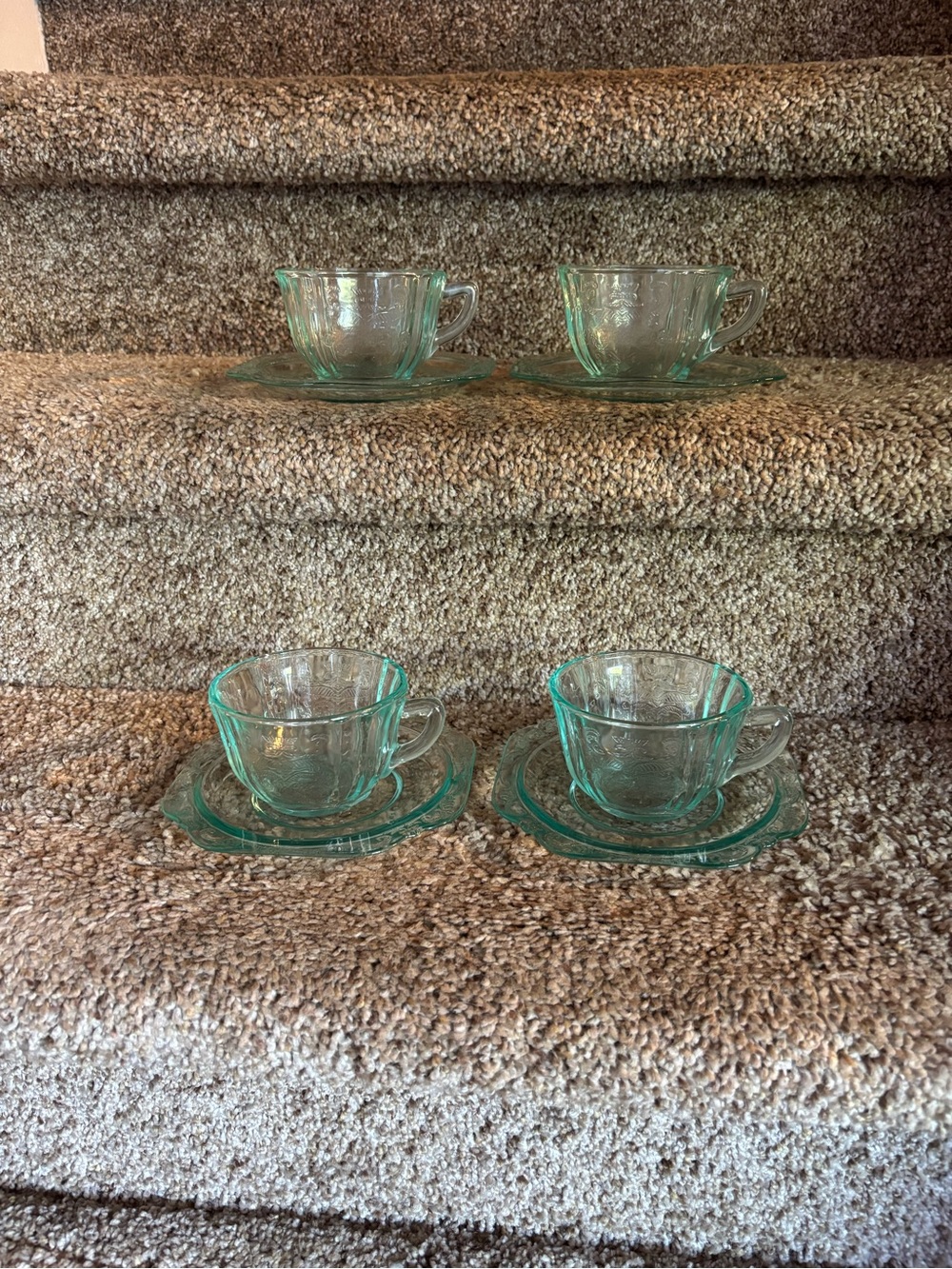 Vintage Aqua Glass Teacup & Saucer Set - 4 Pieces